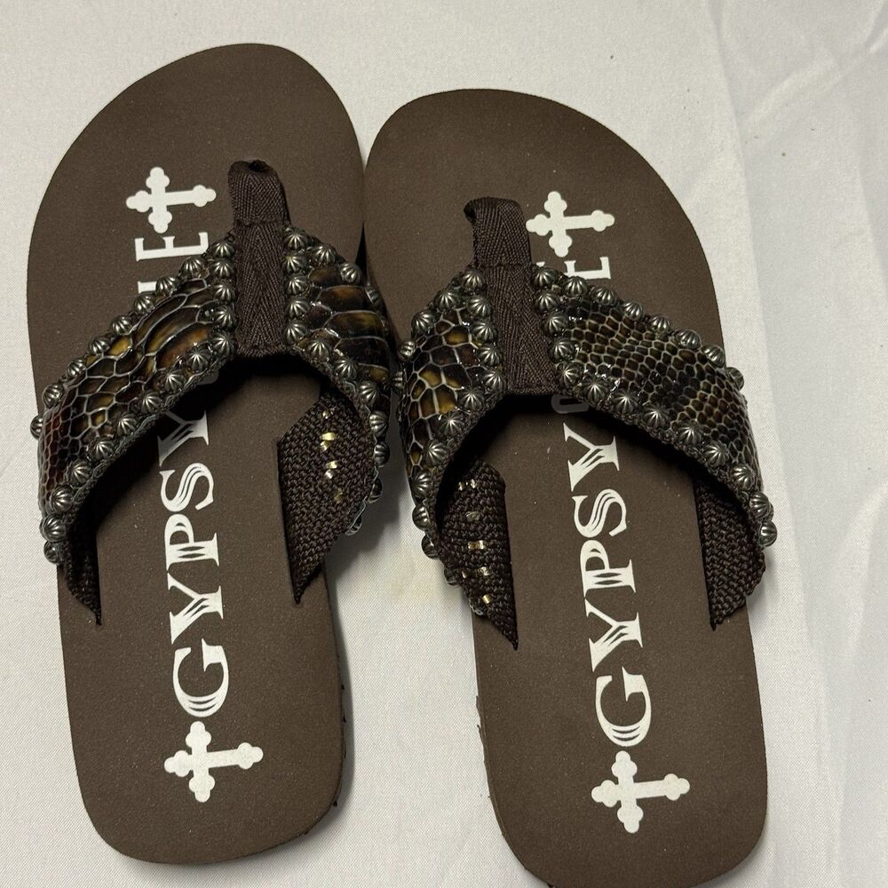 Gypsy Soule Studded Snakeskin Flip Flops Women’s SZ 7 Brown, Western, Sandals - Picture 5 of 16